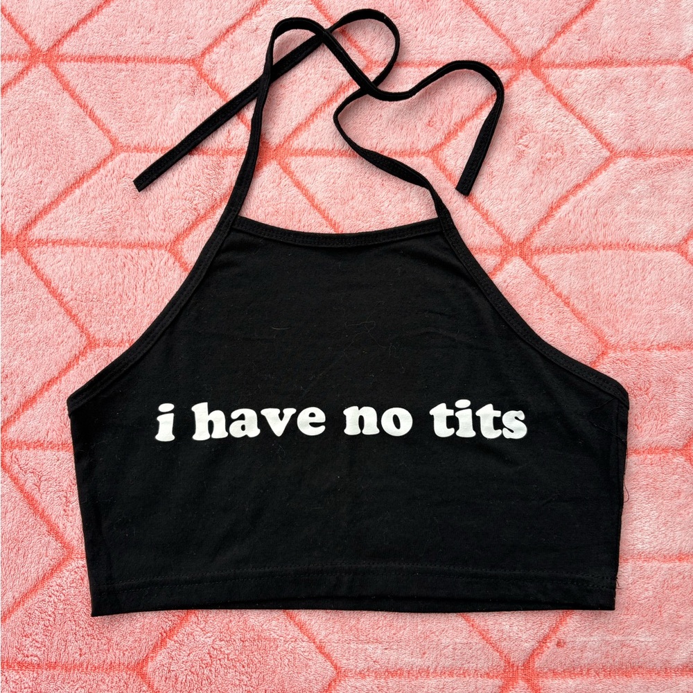 Black Halter Crop Top with White Text